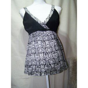 bebe Top Babydoll Silk Logo Boho Medium Black White